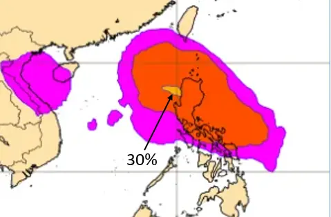 ▲下週三（7/17）前後，台灣南方有「颱風生成」的機率提高至30％。（圖／「三立準氣象．老大洩天機」）