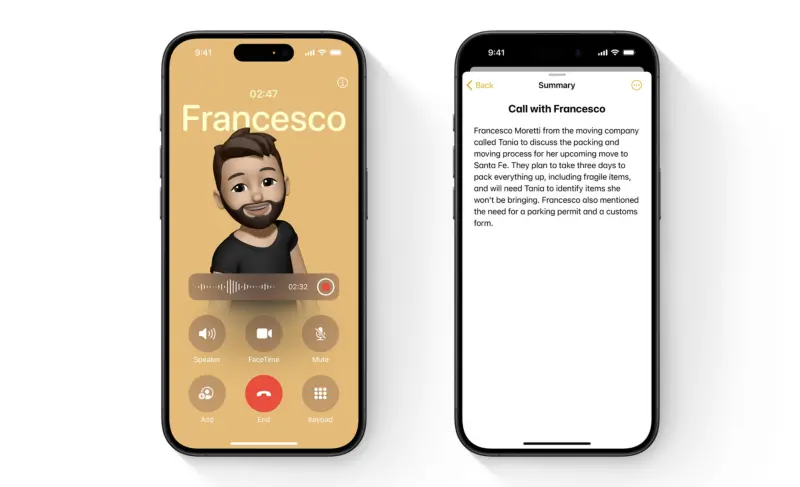 ▲iOS 18支援通話錄音，如果有支援Apple Intelligence的手機還可以轉成逐字稿，甚至透過AI成摘要。（圖／翻攝官網）