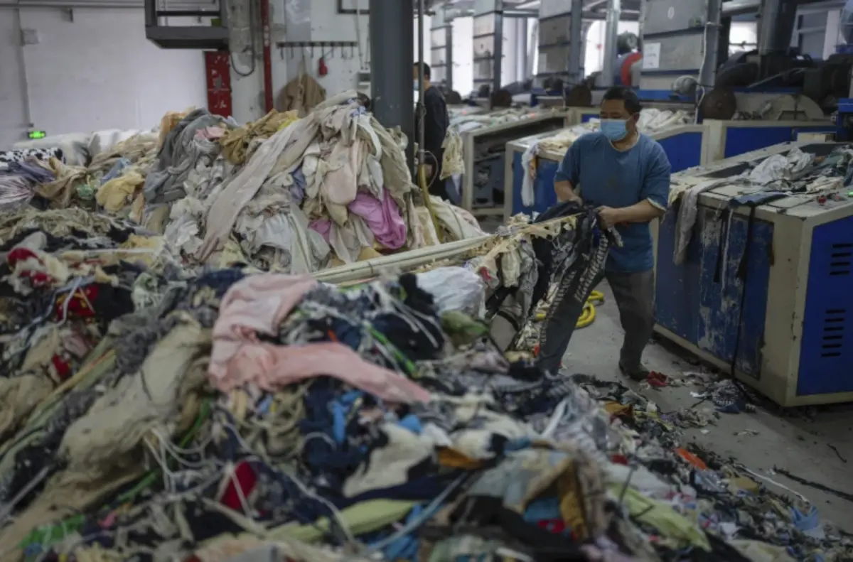 ▲廢棄紡織品被送入中國工廠的機器撕碎。（圖／美聯社／達志影像）