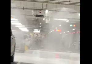 本月13日,有民眾到台北市北投區好市多(Costco)購物時,目擊一台轎車自撞停車場柱子,導致停車場的消防灑水系統啟動,現場瞬間變成「洗車趴」。(圖/民眾提供) ▲本月13日,有民眾到台北市北投區好市多(Costco)購物時,目擊一台轎車自撞停車場柱子,導致停車場的消防灑水系統啟動,現場瞬間變成「洗車趴」。(圖/民眾提供)