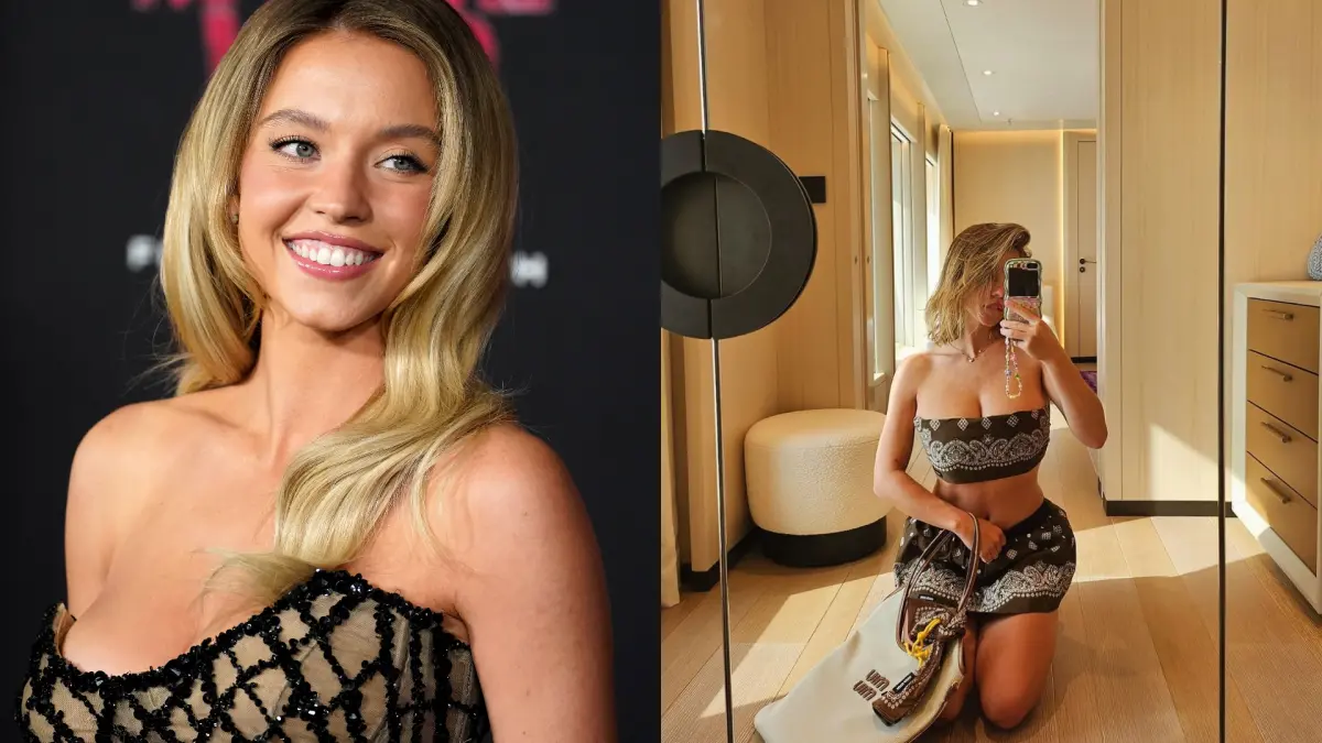 ▲《高校十八禁》26歲「美乳女神」席妮·史威尼（Sydney Sweeney），絲巾綁胸秀身材，彎腰姿勢露出邪惡視角太火辣。（圖／美聯社／達志影像、席妮·史威尼Instagram）