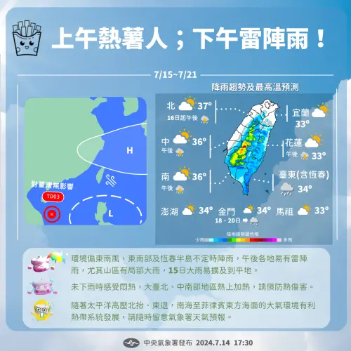 台灣未來一週天氣重點就是「又悶又熱」,且「每天都有午後雷陣雨」。(圖/中央氣象署提供) ▲台灣未來一週天氣重點就是「又悶又熱」,且「每天都有午後雷陣雨」。(圖/中央氣象署提供)