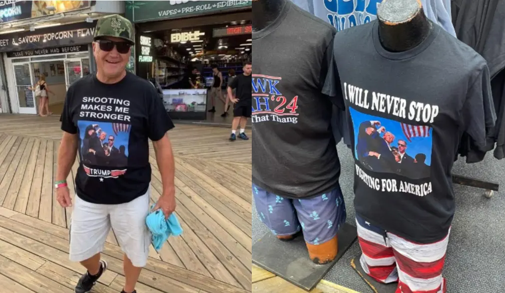 ▲川普被槍擊後，浴血握拳的畫面在全球掀起迴響，也被狂粉製成T-Shirt穿上。（圖／翻攝自Ｘ）