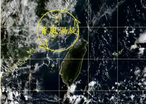 今天早上的衛星雲圖,台灣西北方出現「背風渦旋」,該系統可能導致午後雷陣雨更加劇烈。(圖/鄭明典臉書) ▲今天早上的衛星雲圖,台灣西北方出現「背風渦旋」,該系統可能導致午後雷陣雨更加劇烈。(圖/鄭明典臉書)