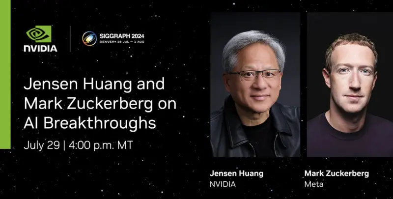 ▲輝達（NVIDIA）執行長黃仁勳和Meta執行長祖克柏（Mark Zuckerberg）將在「SIGGRAPH 2024」電腦繪圖大會上，首度公開進行爐邊對談。（圖／輝達提供）