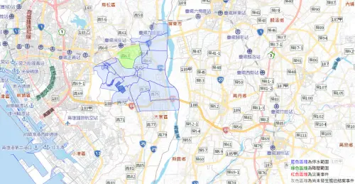 7月25日當天,大寮區、鳳山區、大樹區的部分地區將從上午8點30分停水、減壓,範圍如圖。(圖/台灣自來水公司) ▲7月25日當天,大寮區、鳳山區、大樹區的部分地區將從上午8點30分停水、減壓,範圍如圖。(圖/台灣自來水公司)