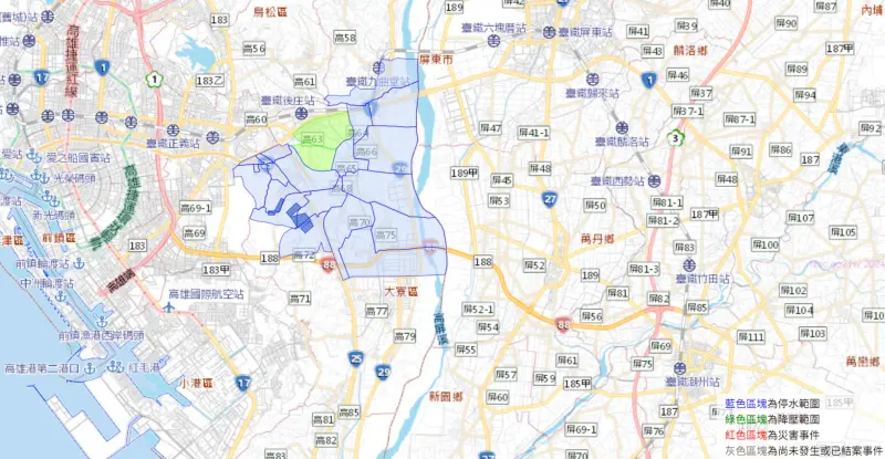 ▲7月25日當天，大寮區、鳳山區、大樹區的部分地區將從上午8點30分停水、減壓，範圍如圖。（圖／台灣自來水公司）