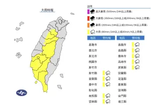 ▲中央氣象署針對10縣市發布「大雨特報」，新竹至高雄山區有局部大雨發生的機率。（圖／翻攝中央氣象署官網）