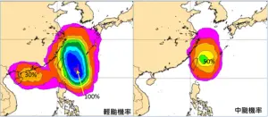 下週三(24日)南海擾動已在廣東海面,「輕颱」機率從40%降回30%,並續降低;另一擾動在台灣東方海面「中颱」存在機率亦達50%(右圖)。(圖/三立準氣象.老大洩天機) ▲下週三(24日)南海擾動已在廣東海面,「輕颱」機率從40%降回30%,並續降低;另一擾動在台灣東方海面「中颱」存在機率亦達50%(右圖)。(圖/三立準氣象.老大洩天機)