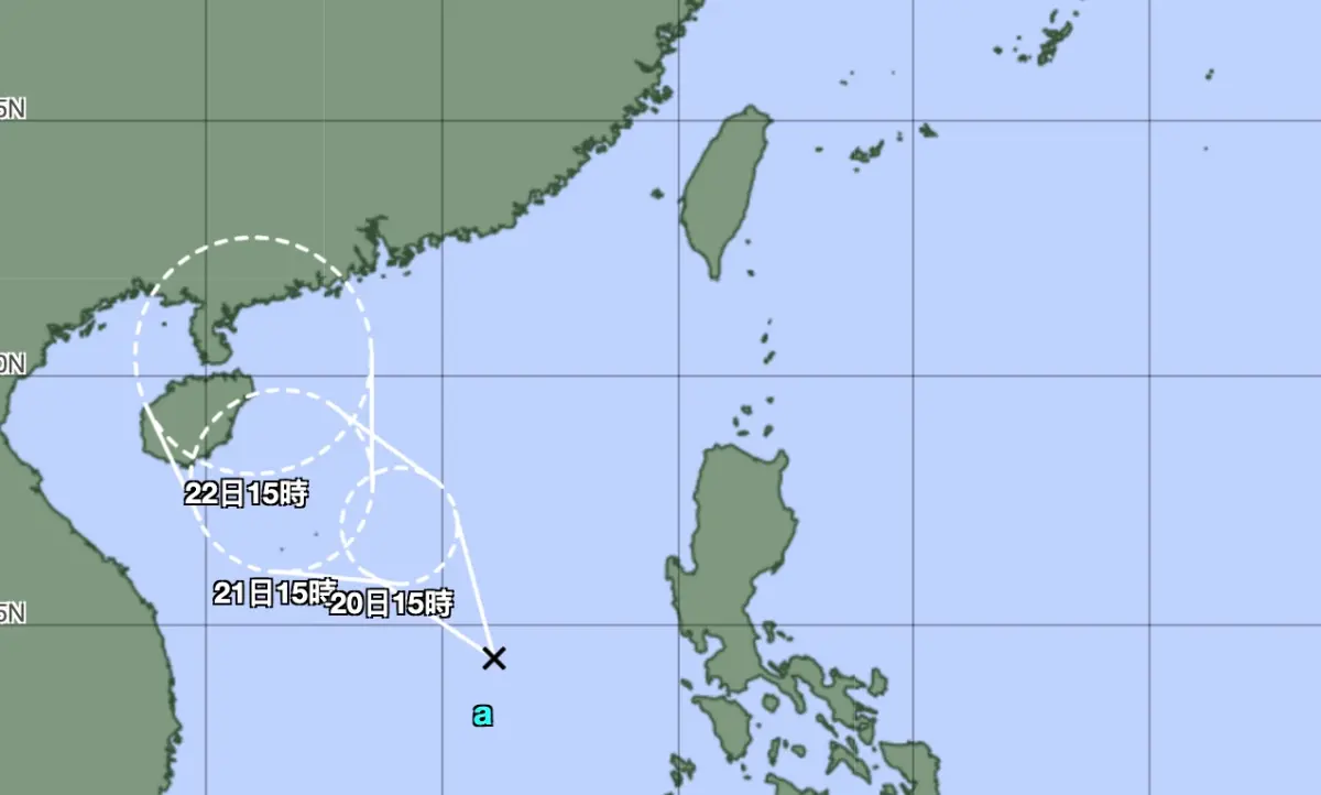 ▲菲律賓西側海面的熱帶擾動生成熱帶性低氣壓，日本氣象廳稍早已發布GW（烈風警告）。（圖／翻攝自日本氣象廳）