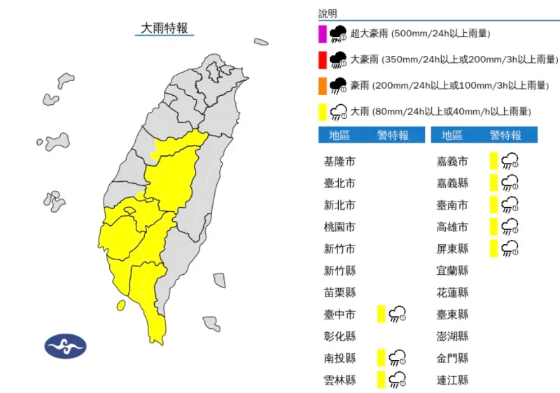 ▲中央氣象署發布大雨特報，今（19）日南投、嘉義以南地區及臺中、雲林山區有局部大雨發生的機率。（圖／翻攝自中央氣象署）