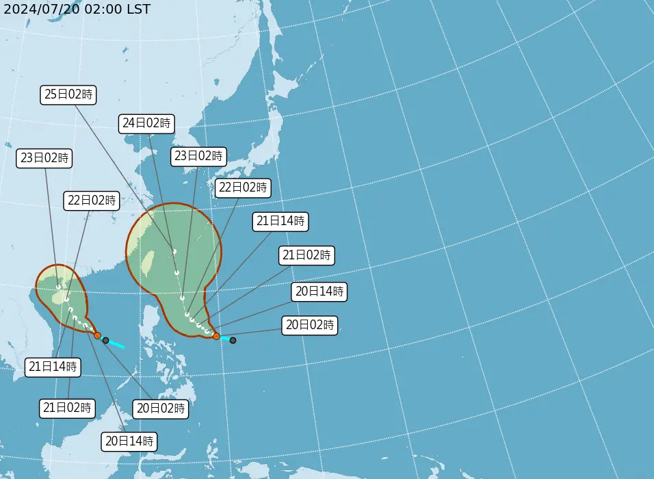 ▲今（20）預計將有兩個颱風生成，分別為位於南海的輕度颱風「巴比侖」；另一個則是位於菲律賓東方海面的輕度颱風「凱米」。（圖/中央氣象署）