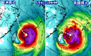 ▲歐洲模式預測路徑類似西北颱，北部、東北部風大雨大，中南部雨勢也很大。（圖／取自「觀氣象看天氣」）