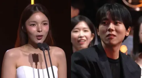 ▲第3屆《青龍系列大獎》上，朴真珠（左）台上直接嗆朱宇宰「沒得獎真是活該」，笑翻台下。（圖／翻攝KBS Entertain YouTube）