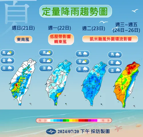 下週二(23日)起受到凱米颱風外圍環流影響,水氣明顯增多,天氣不穩定,各地都有機率降雨,北部、東北部、東南部有不定時短暫陣雨,其他地區有午後雷陣雨。(圖/中央氣象署提供) ▲下週二(23日)起受到凱米颱風外圍環流影響,水氣明顯增多,天氣不穩定,各地都有機率降雨,北部、東北部、東南部有不定時短暫陣雨,其他地區有午後雷陣雨。(圖/中央氣象署提供)