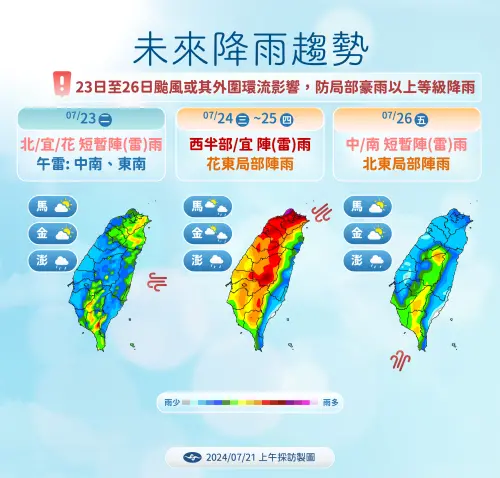 ▲下週二（23日）起受到凱米颱風外圍環流影響，水氣明顯增多；週三至週五凱米颱風影響台灣最為劇烈。（圖／中央氣象署提供）