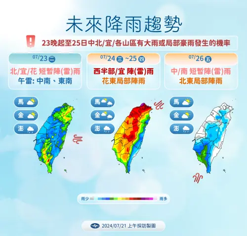 凱米颱風對台灣的影響預估從週二至週五,全台地都可能有大雨或局部豪雨發生。(圖/中央氣象署提供) ▲凱米颱風對台灣的影響預估從週二至週五,全台地都可能有大雨或局部豪雨發生。(圖/中央氣象署提供)