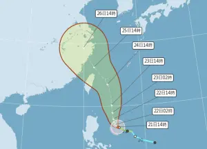 ▲凱米將沿著太平洋高壓邊緣偏北進行，週三碰到高氣壓邊緣之後轉向西北，週四通過北台灣近海。（圖／中央氣象署）