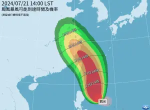 ▲凱米颱風暴風圈預估將於週三中午觸碰北部、南投及東部陸地，週三夜晚至週四白天籠罩。（圖／中央氣象署）