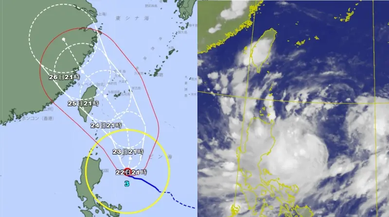 ▲凱米颱風來勢洶洶，根據日本氣象廳最新路徑預報顯示，颱風中心可能由北部近海擦過，形成罕見一桿進洞的西北颱路徑。（圖／翻攝自JMA、CWA官網）