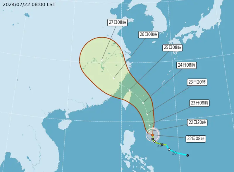 ▲凱米颱風路徑又稍微靠近台灣一點！週三、週四將影響台灣最大，其路徑相似過去2個標準的西北颱。（圖/中央氣象署）