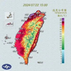 ▲今天新北至新竹及南部地區容易出現局部攝氏37度以上高溫，溫度分布圖熱到發紫。（圖／中央氣象署）