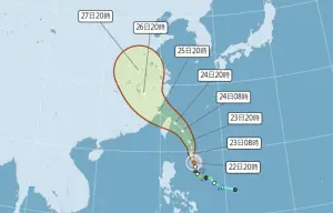 ▲凱米颱風今（22）日下午增強為中度颱風，海景預估晚間11時30分發布，路徑可能從宜蘭登陸、穿過大台北地區。（圖／中央氣象署）