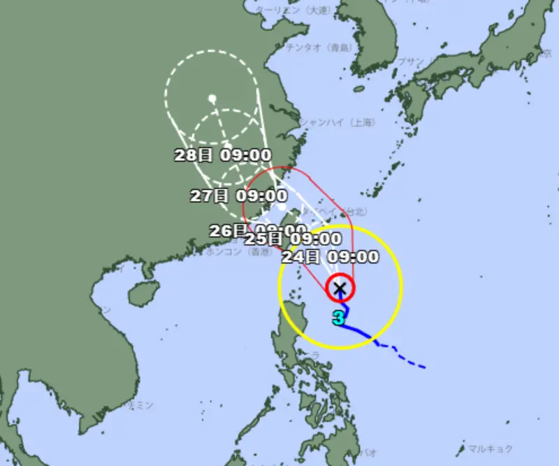 ▲中颱凱米來勢洶洶，各國預測路徑都相當一致，且強度有進一步增強的可能。（圖／翻攝自日本氣象廳）