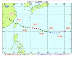 ▲2013年蘇力颱風於新北市與宜蘭縣交界處登陸，8時左右於新竹附近出海。（圖／中央氣象署）