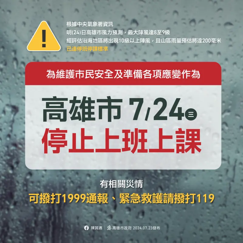 ▲「凱米」颱風挾強大雨勢來襲，為了確保市民的安全並做好各項應變準備，高雄市政府宣布明日全市停止上班、停止上課。（圖／高市府提供）