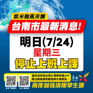 ▲為維護市民安全及準備各項應變作為，故台南市明日停止上班、停止上課。(圖／台南市政府提供)