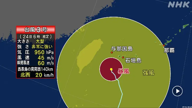 ▲凱米颱風逼近，日本沖繩先島群島首當其衝，由於正值大潮，當局呼籲民眾多加警戒暴潮。（圖／翻攝自日本放送協會）