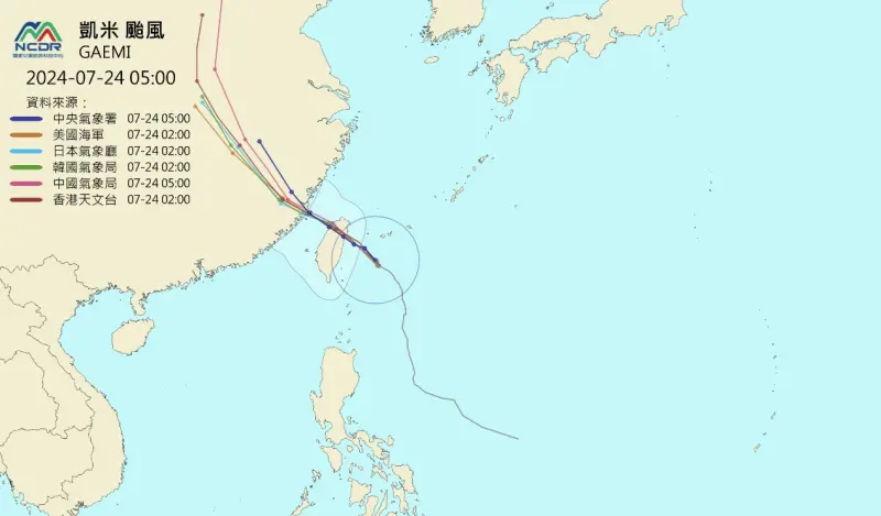 ▲凱米颱風最新路徑，各國預測路徑已經一致，今晚將從宜蘭花蓮一帶登陸。（圖/翻攝NCDR）