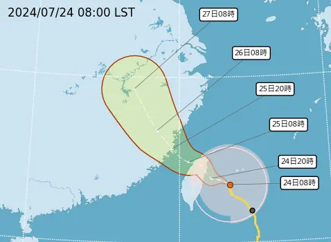 凱米颱風(Gaemi,南韓命名)海上陸上警報持續發布,路徑持續朝台灣靠近,最快今天晚上可能從宜蘭或花蓮登陸、穿過北台灣地區。(圖/中央氣象署) ▲凱米颱風(Gaemi,南韓命名)海上陸上警報持續發布,路徑持續朝台灣靠近,最快今天晚上可能從宜蘭或花蓮登陸、穿過北台灣地區。(圖/中央氣象署)