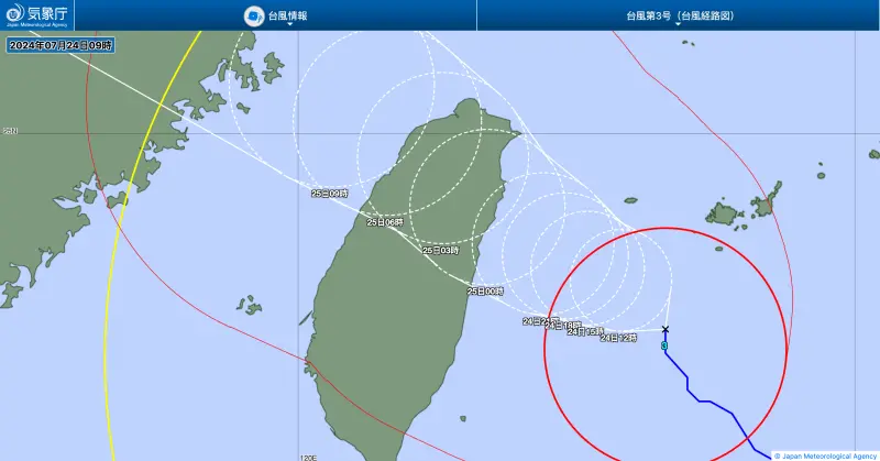 ▲日本氣象廳預估凱米將在24日晚間6時左右，自宜蘭或花蓮登陸，屆時將達到日本「強烈颱風」標準。（圖／翻攝自日本氣象廳）