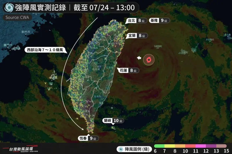 ▲凱米颱風增強為強烈颱風，神閃避有「護國神山」的中央山脈，全台吹出7~11級陣風。（圖／翻攝台灣颱風論壇｜天氣特急臉書）