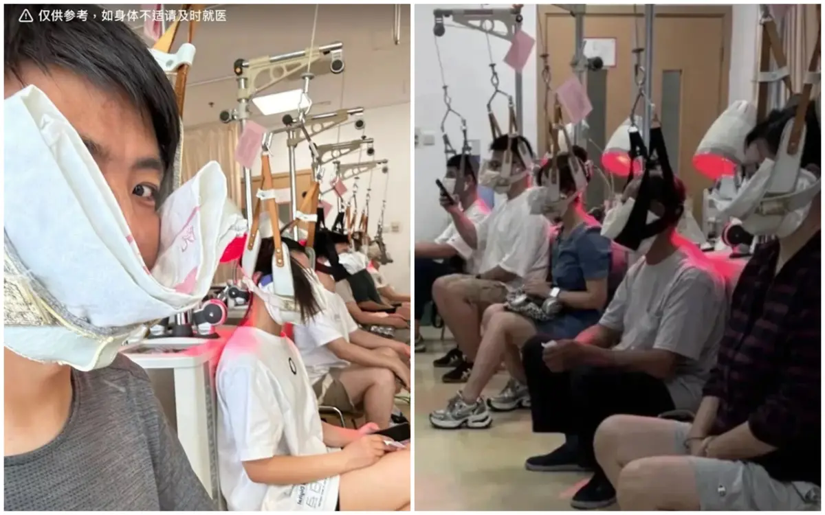 ▲現代人文明病纏身，尤其智慧手機造成許多「低頭族」，中國年輕人最近流行「吊脖子」，就是去醫院進行頸椎牽引來緩解與治療頸椎病。（圖／翻攝自微博）