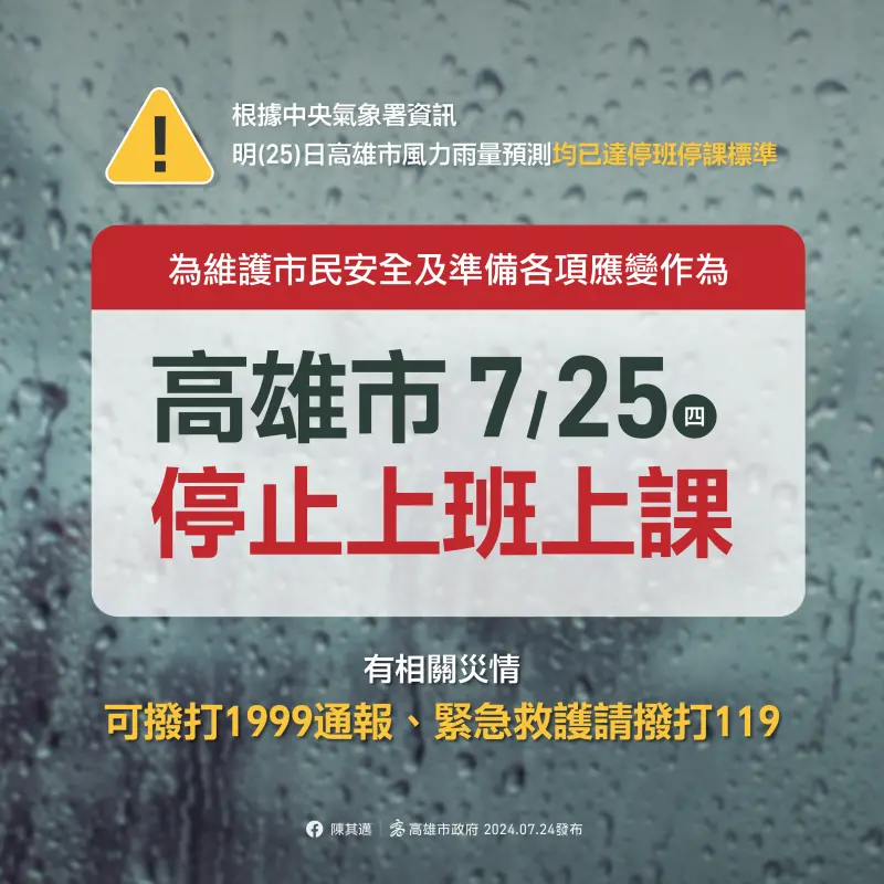 ▲受凱米颱風強風大雨影響，高雄市宣布25日停班停課一天。（圖／高市府提供）