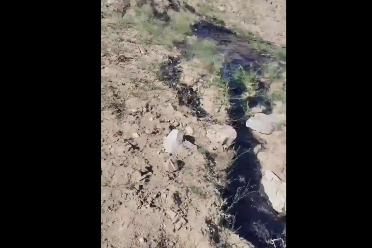 ▲新疆阿勒泰一位男子，近日在旅遊時自稱疑似意外發現石油，當場激動大喊「發財了」，還把現場狀況拍下影片，但卻被官方打臉，稱男子發現的黑色物質其實是瀝青高溫融化所致。（圖／翻攝自微博）