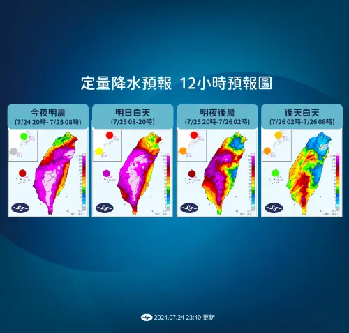 凱米颱風將在今明兩天帶來最劇烈的降雨,尤其苗栗以南地區、彰化以南平地、宜花山區嚴防超大豪雨,民眾務必做好防颱準備。(圖/中央氣象署) ▲凱米颱風將在今明兩天帶來最劇烈的降雨,尤其苗栗以南地區、彰化以南平地、宜花山區嚴防超大豪雨,民眾務必做好防颱準備。(圖/中央氣象署)