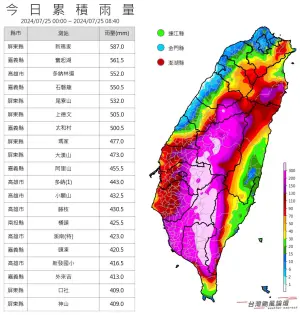 ▲過去9個小時的累積雨量，中南部山區大雨下到發紫又泛白了，今天白天都是最高峰時刻。（圖／台灣颱風論壇｜天氣特急臉書）