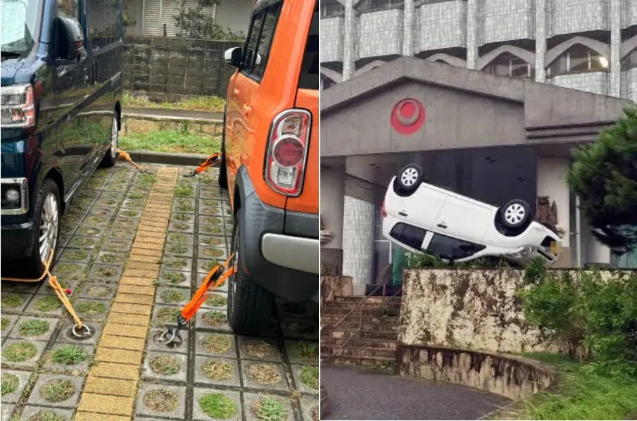 ▲沖繩人因應凱米颱風帶來的強風，分享避免車子被吹走的防颱措施。（圖／翻攝自X）