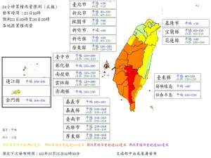 ▲針對凱米颱風，明天「雨量」台中、南投、嘉義縣、台南、高雄、屏東、台東，皆達「部分停班停課」標準。（圖／中央氣象署）