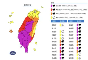 ▲針對凱米颱風，氣象署持續針對全台21縣市發布「豪雨特報」。（圖／中央氣象署）