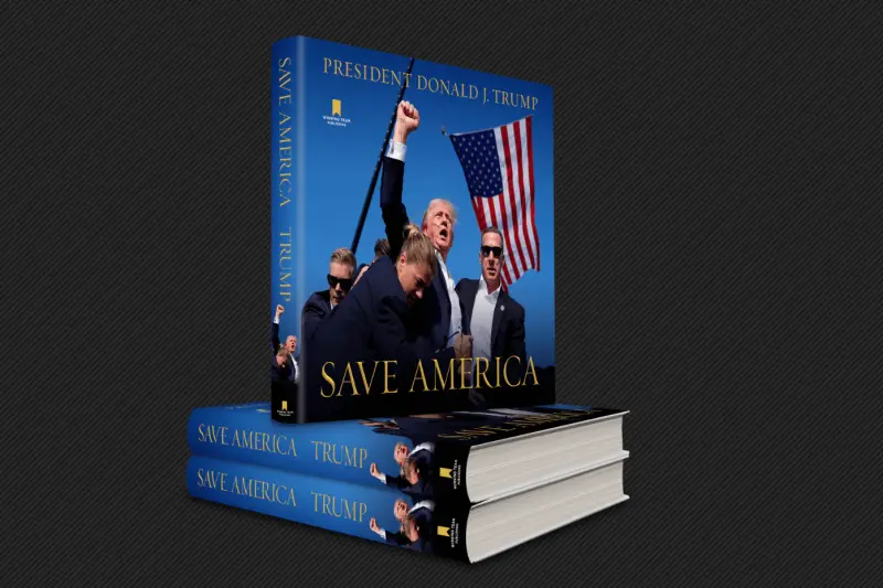 ▲川普（Donald Trump）計畫在9月3日出版全新個人書籍《拯救美國（Save America，暫譯）》，且封面選用了槍擊遇襲後，川普不顧臉上血跡，在被隨扈送走之前高舉右手振臂高呼「戰鬥（Fight）」的經典照片。（圖／翻攝自「Winning Team Publishing」官網）