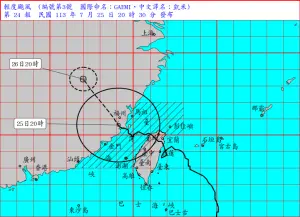 ▲凱米颱風暴風圈漸漸脫離台灣各縣市，中央氣象署技正謝佩芸指出，本島陸上警報有機會在今天深夜解除。（圖／中央氣象署）