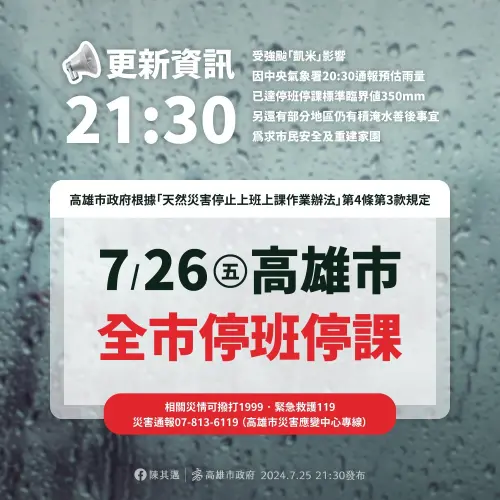 ▲因中央氣象署20:30通報預估雨量已達停班停課標準臨界值350mm，為求市民安全及重建家園。高雄市政府宣布明(26)日全市停止上班、上課。（圖／高市府提供）