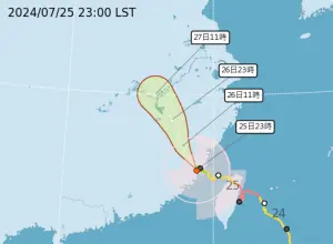 ▲雖然各個縣市陸續遠離凱米颱風的暴風圈，不過因颱風外圍環流和西南風影響，中南部各縣市持續在「降雨警戒」範圍中。（圖／中央氣象署）