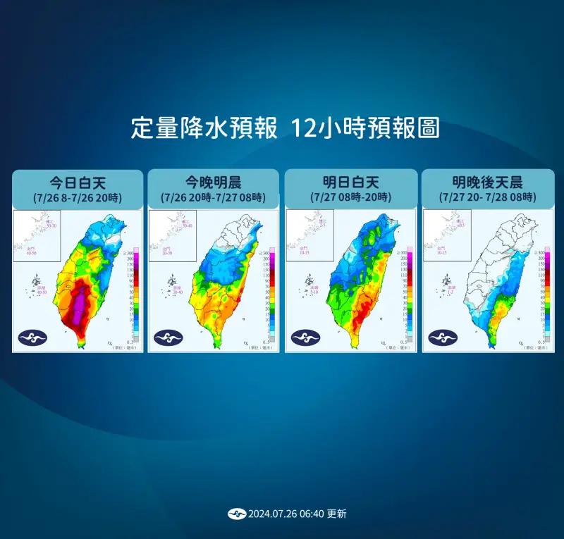 ▲中南部仍要慎防豪大雨，雨勢將一路下到週六之後，而花東地區週六也受到東南風影響，會出現局部豪大雨。（圖/中央氣象署）
