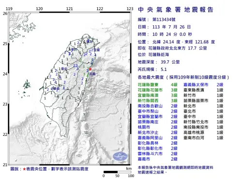 ▲今（26）日上午10時24分，花蓮縣近海發生芮氏規模5.1地震。（圖／中央氣象署）